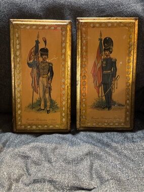 Pair of Vintage Military Prints in Gold Frames - Tan & Black